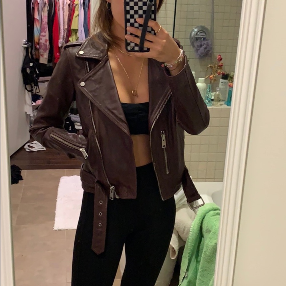 All saints maroon leather moto jacket sz 0